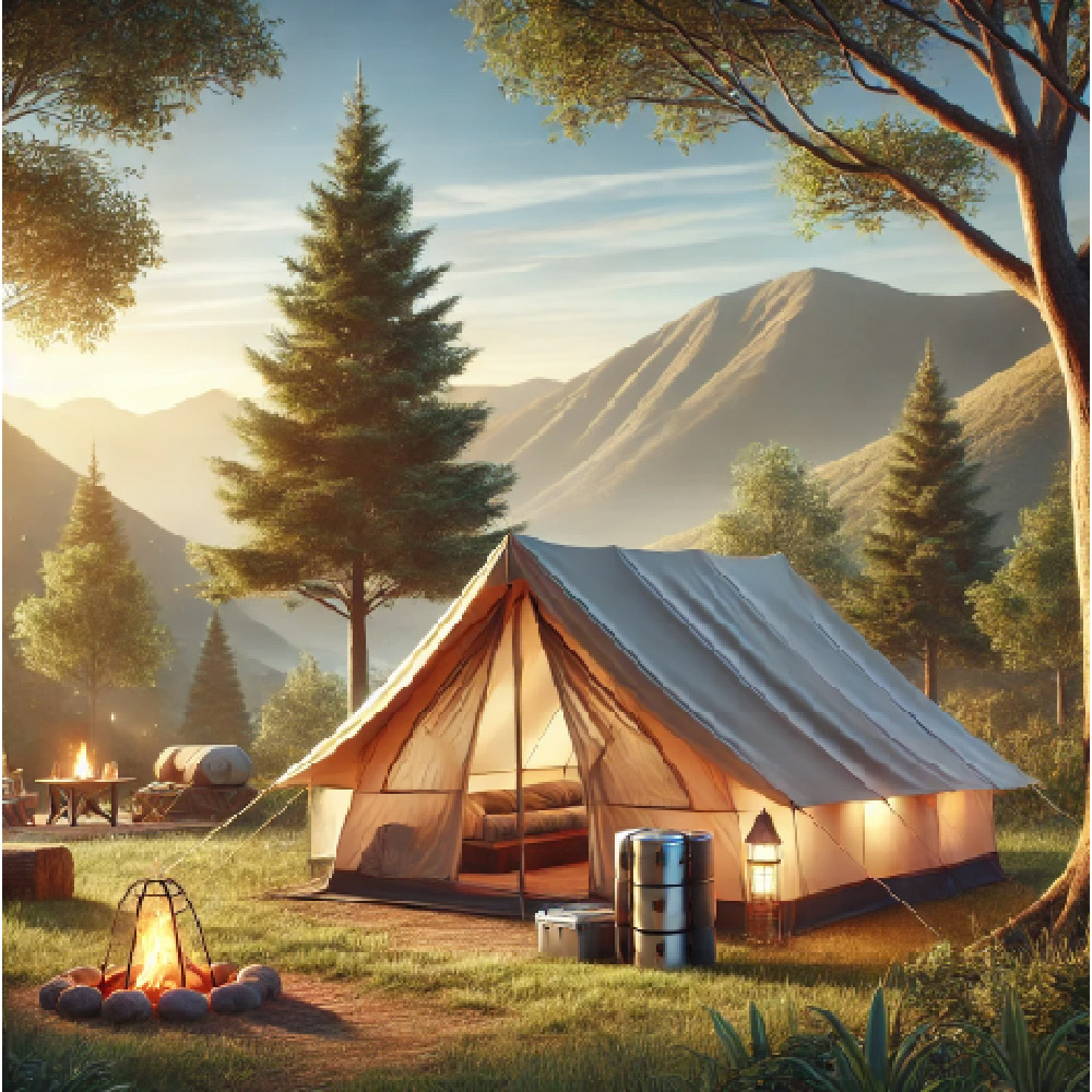 A cozy canvas tent set up in a scenic mountain valley, surrounded by tall evergreen trees. The tent is illuminated warmly from inside, with camping essentials like lanterns and barrels outside. In the background, a campfire burns beside a picnic table, with soft sunlight casting a warm glow over the peaceful forest setting.