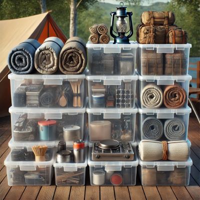 Clear storage bins stacked and organized with camping gear, blankets, cooking supplies, and a lantern, showcasing the benefits of using storage bins to keep gear accessible and tidy.