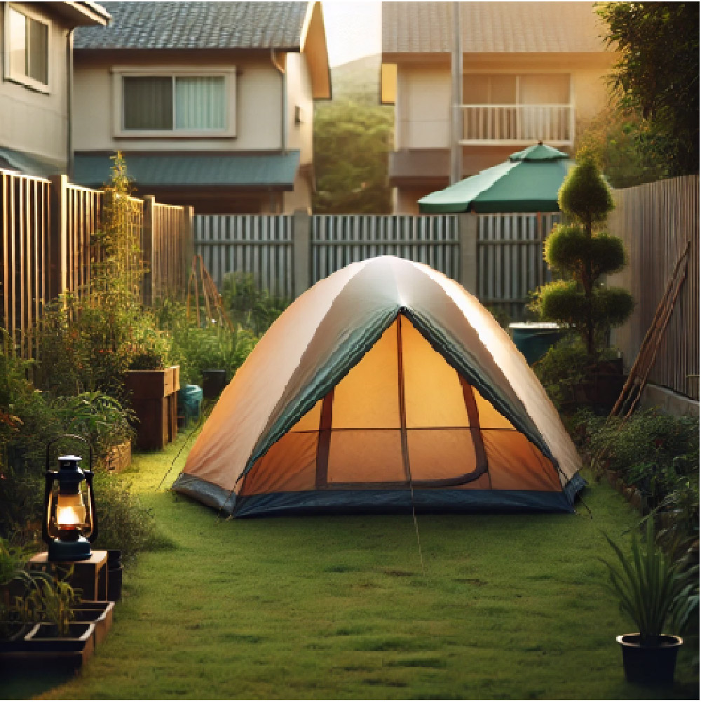 A camping tent set up in a backyard with surrounding plants, lantern, and houses in the background, illustrating the concept of practicing tent setup at home.