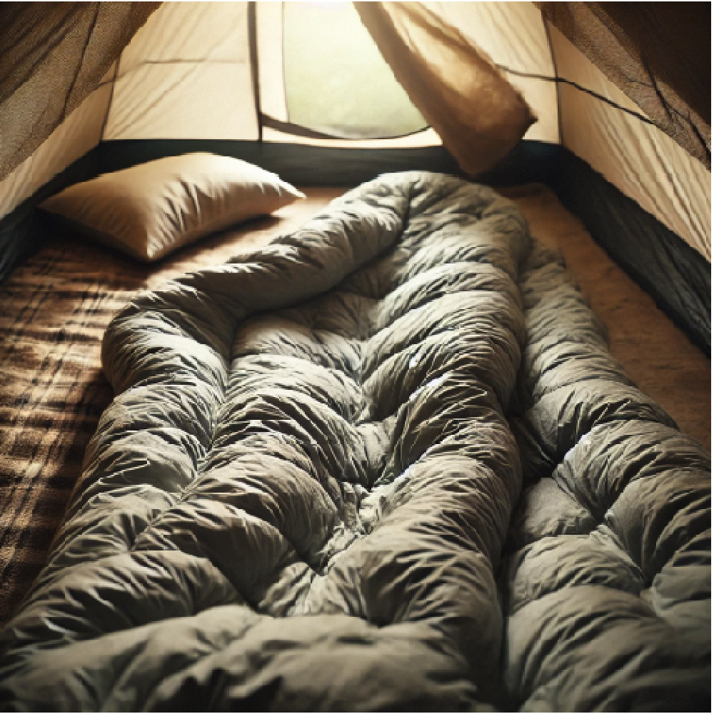 A cozy, high-quality sleeping bag laid out inside a tent with a pillow nearby, emphasizing the importance of comfortable sleeping gear for camping.