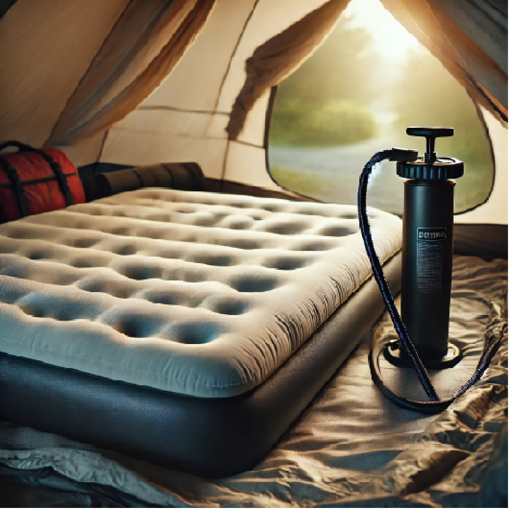 An air mattress inside a tent with a hand pump beside it, illustrating the use of a sleeping pad or air mattress for added comfort while camping.