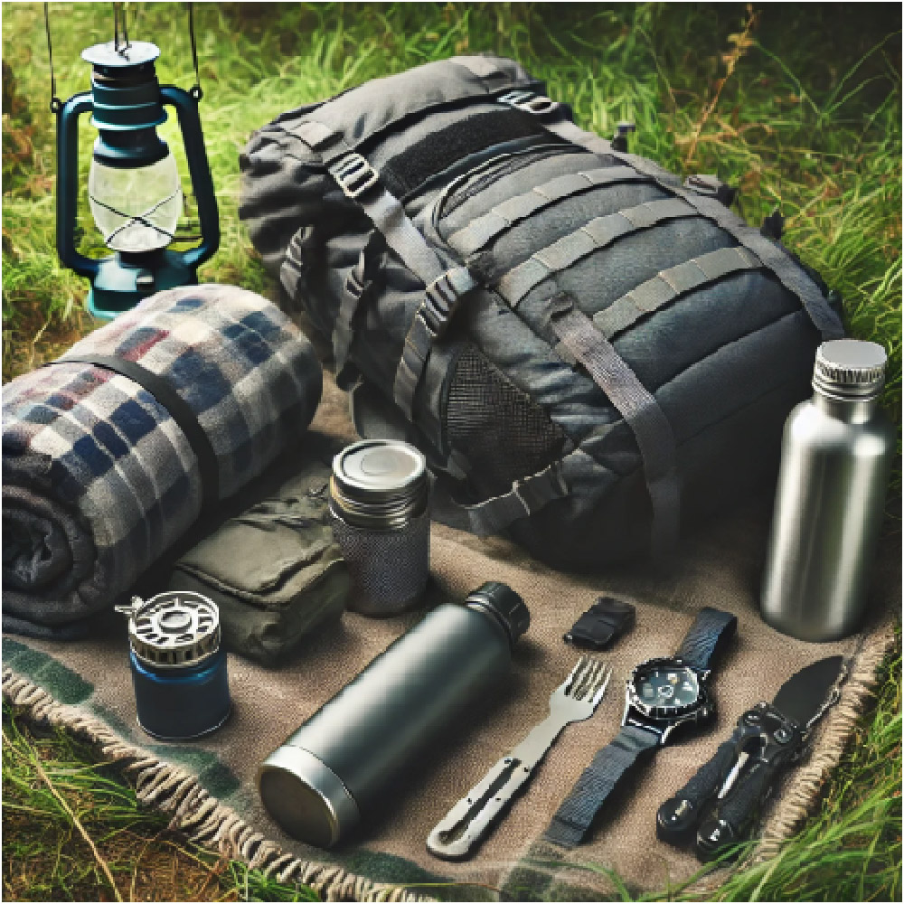 A neatly arranged camping setup with essential gear, including a backpack, blanket, water bottles, lantern, and compact tools, illustrating the idea of packing light but efficiently.