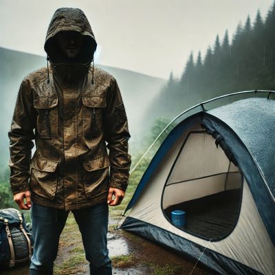 Camper standing in front of a rain-covered tent, wearing a waterproof jacket with the hood up, in a misty, forested area.