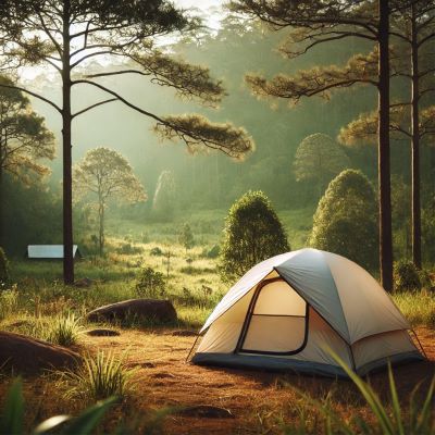 A tent set up on level ground in a peaceful forest clearing with tall trees and soft sunlight filtering through, illustrating a well-chosen campsite in nature.