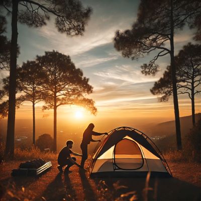 Two campers setting up a tent at sunset in a forested area, highlighting the importance of setting up camp before dark for safety and ease.