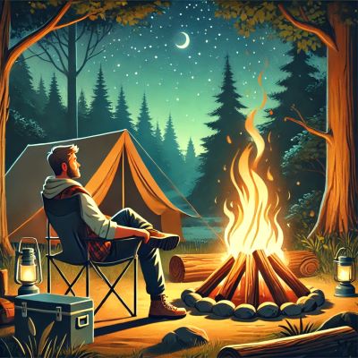 A camper sitting in a chair by a campfire under a starry night sky, with a tent and lanterns nearby, illustrating the comfort of having a camping chair at the campsite.